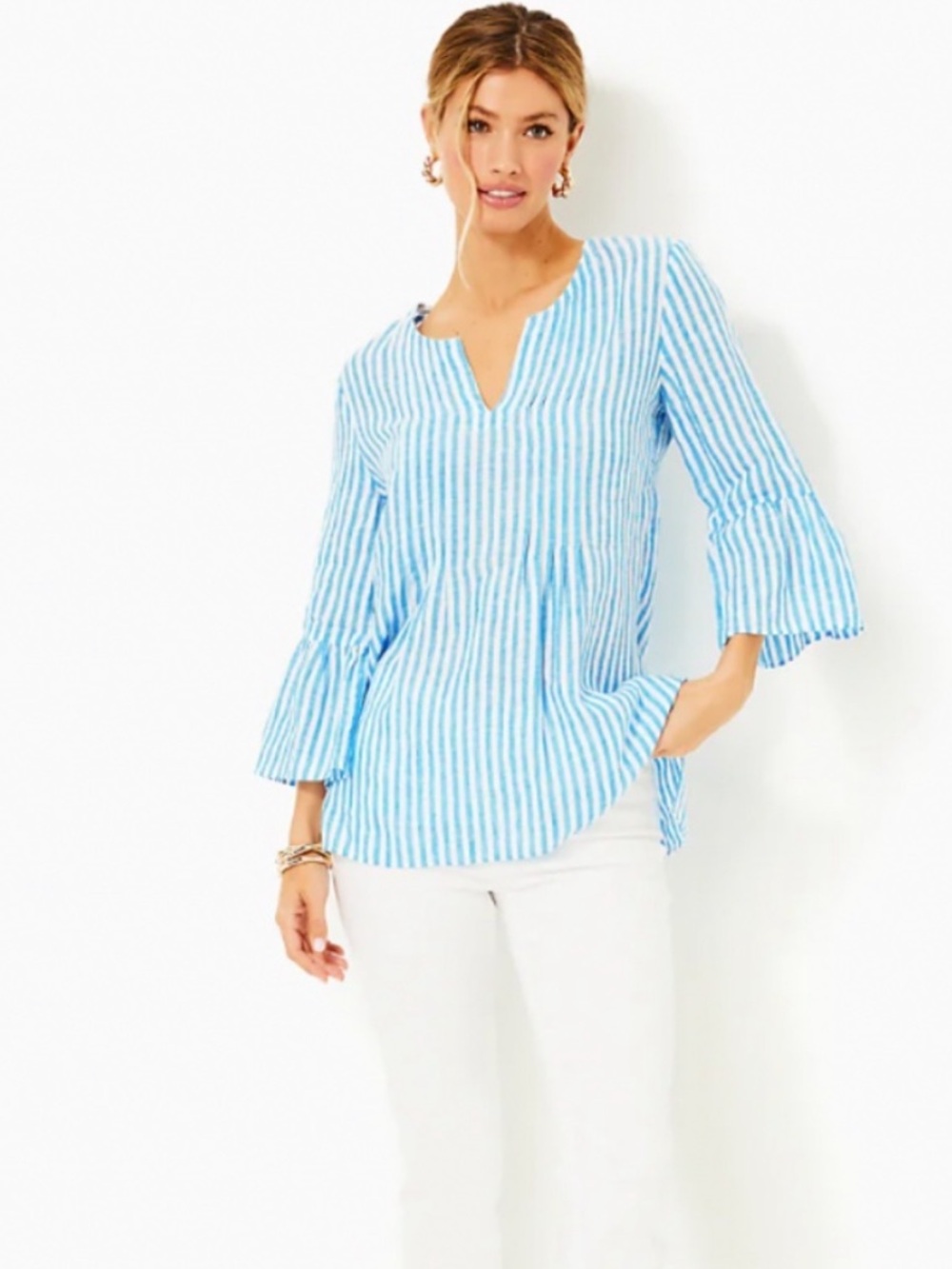 Lilly Pulitzer Hollie Bimini Blue Striped Linen V-Neck Women's Tunic